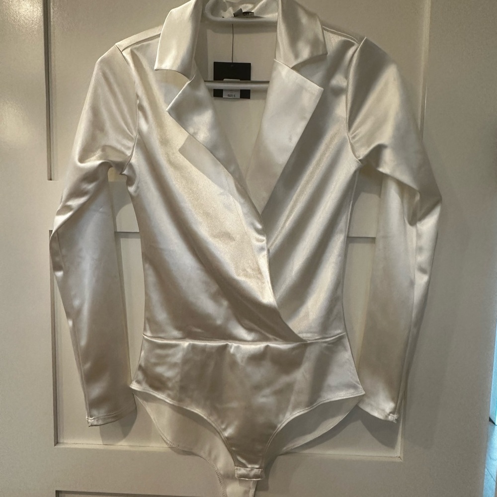 Fashion Nova Cream Satin Wrap Bodysuit